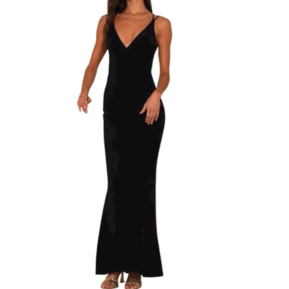 NWOT Lulus All This Allure Black Strappy Backless Mermaid Maxi Dress Size Medium - Picture 2 of 11